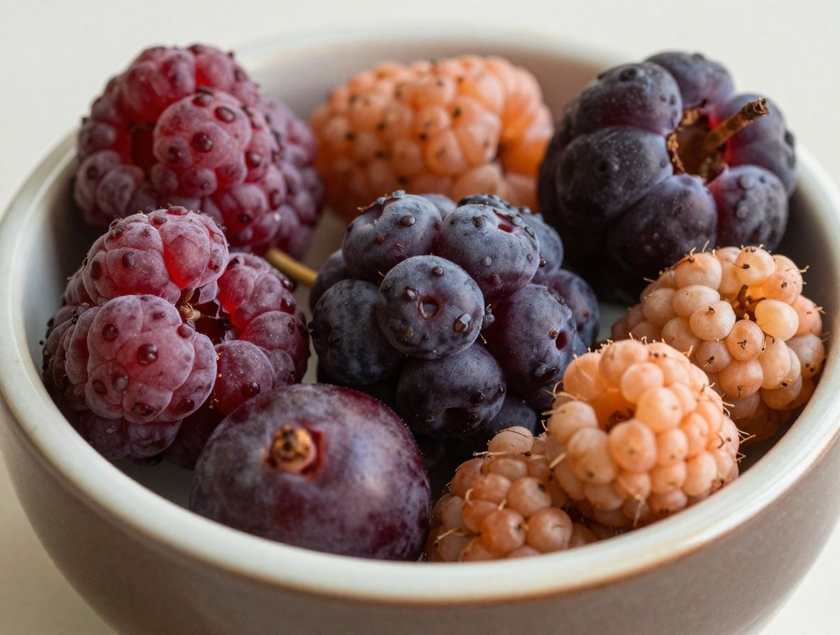 Diversas bayas oscuras, arándanos y grosellas en recipiente de cerámica sobre fondo oscuro, representando alimentos naturalmente ricos en compuestos antioxidantes.