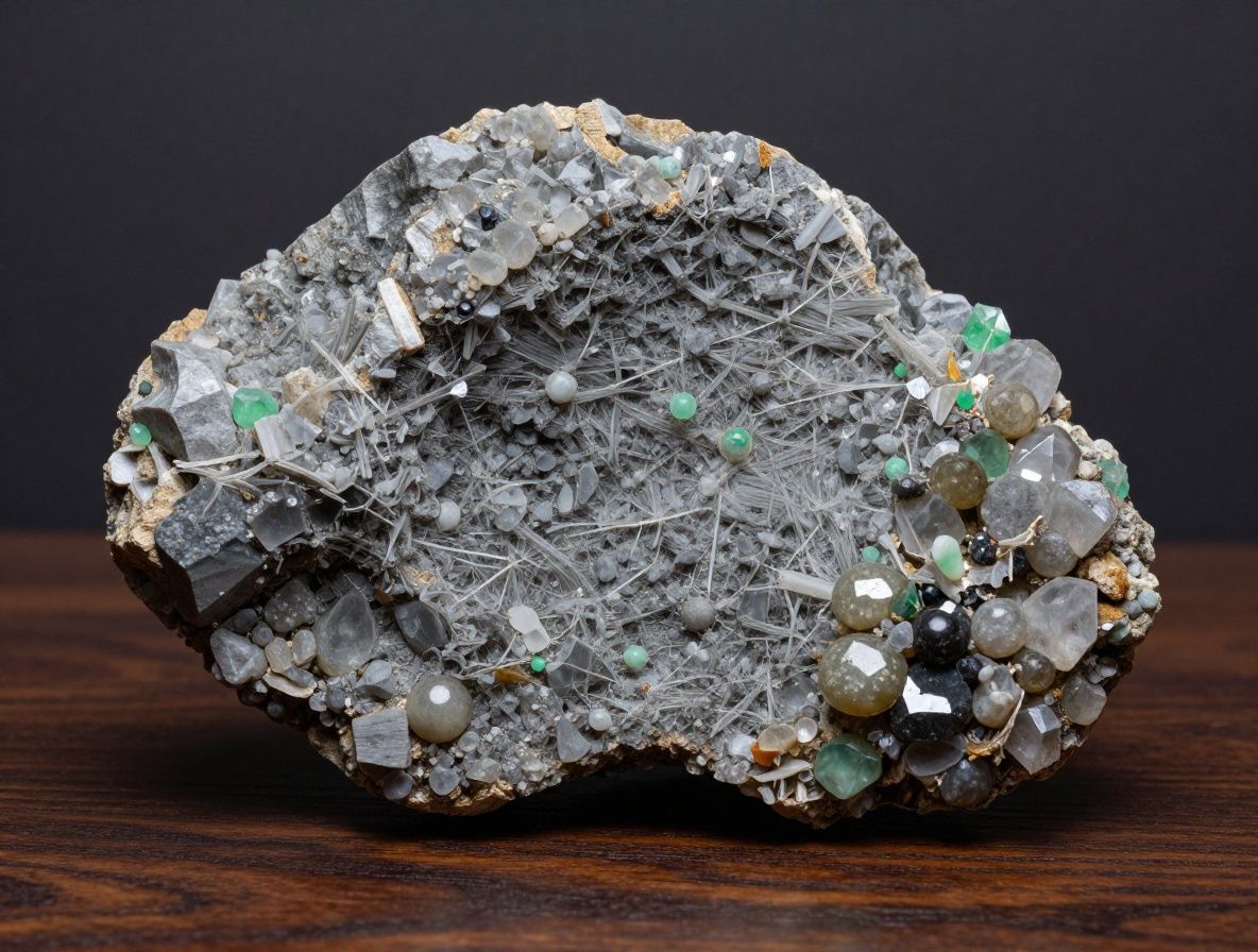 Colección de minerales y cristales naturales en tonos grises y verdes sobre fondo de madera oscura, representando la diversidad de minerales esenciales para el organismo.