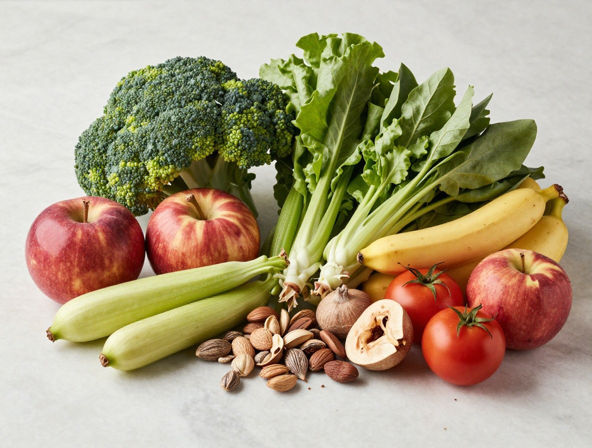 Selección de vegetales frescos, legumbres, semillas y frutos secos sobre superficie de mármol, representando los fundamentos de la nutrición equilibrada.